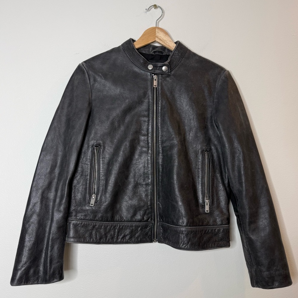 MNG 100% Buffalo Leather Moto Jacket in distressed black leather size medium